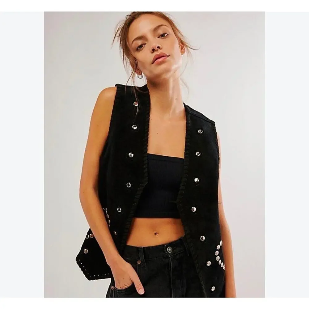 Free people Understated Leather Western Rachel Love Suede Vest nwt lg black